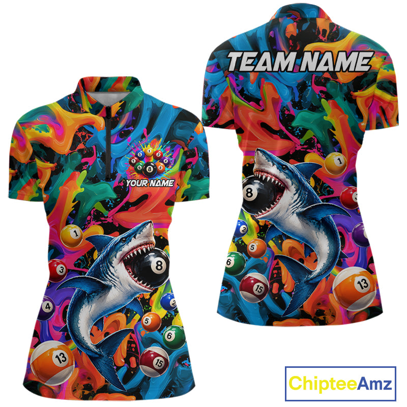 Custom Colorful Shark 8 Ball Pool Team Shirt For Women Personalized Splash Billiard Polo 1/4-Zip Jersey NYN4416