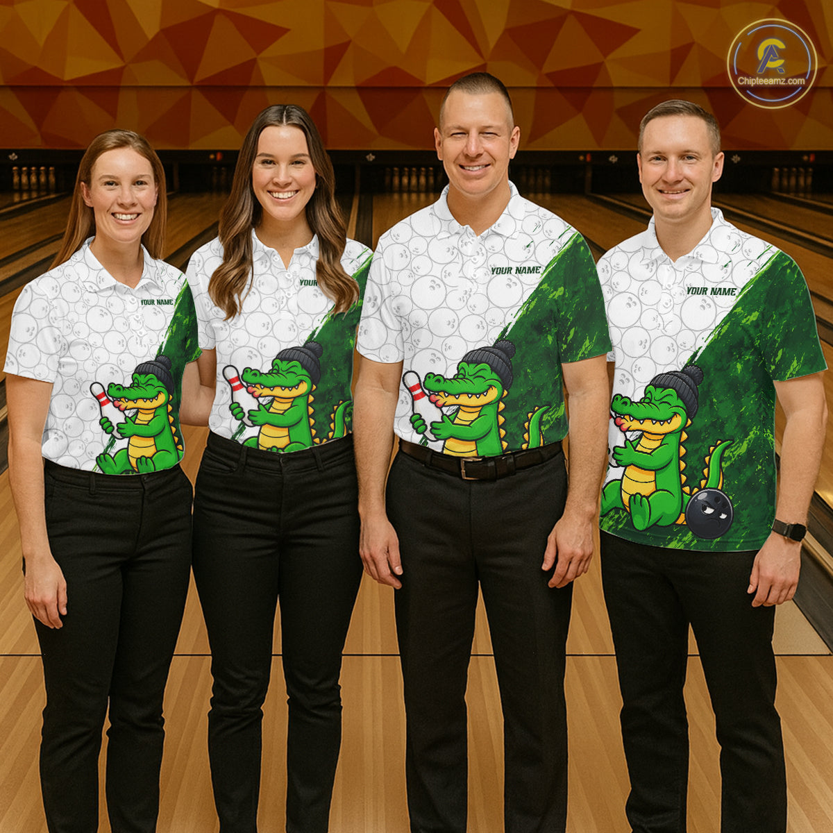 Personalized Green Grunge Funny Bowling Shirt For Men Custom Alligator Hugging Pin Bowling Team Jersey NYN4417