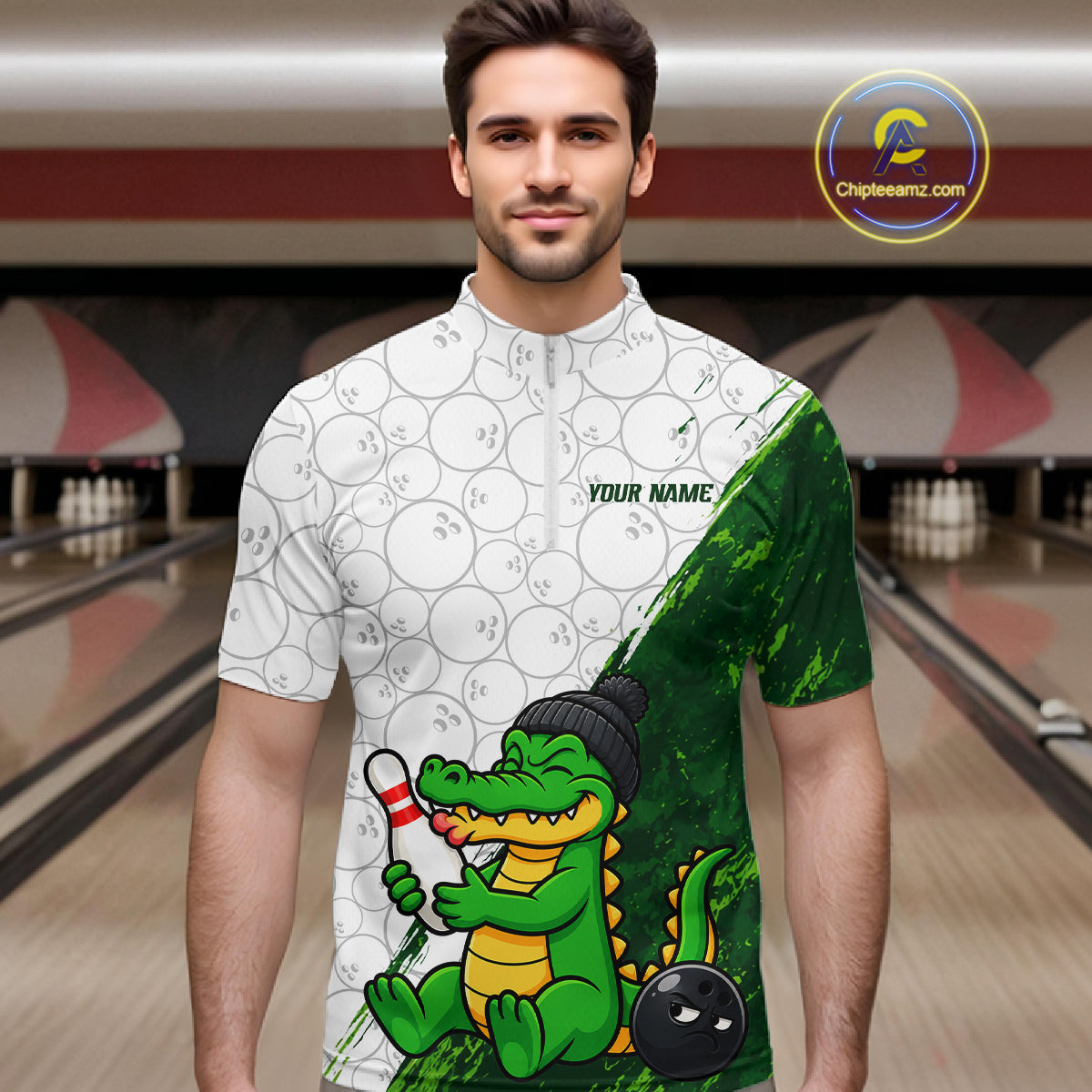 Personalized Green Grunge Funny Bowling Shirt For Men Custom Alligator Hugging Pin Bowling Team Jersey NYN4417