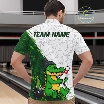 Personalized Green Grunge Funny Bowling Shirt For Men Custom Alligator Hugging Pin Bowling Team Jersey NYN4417