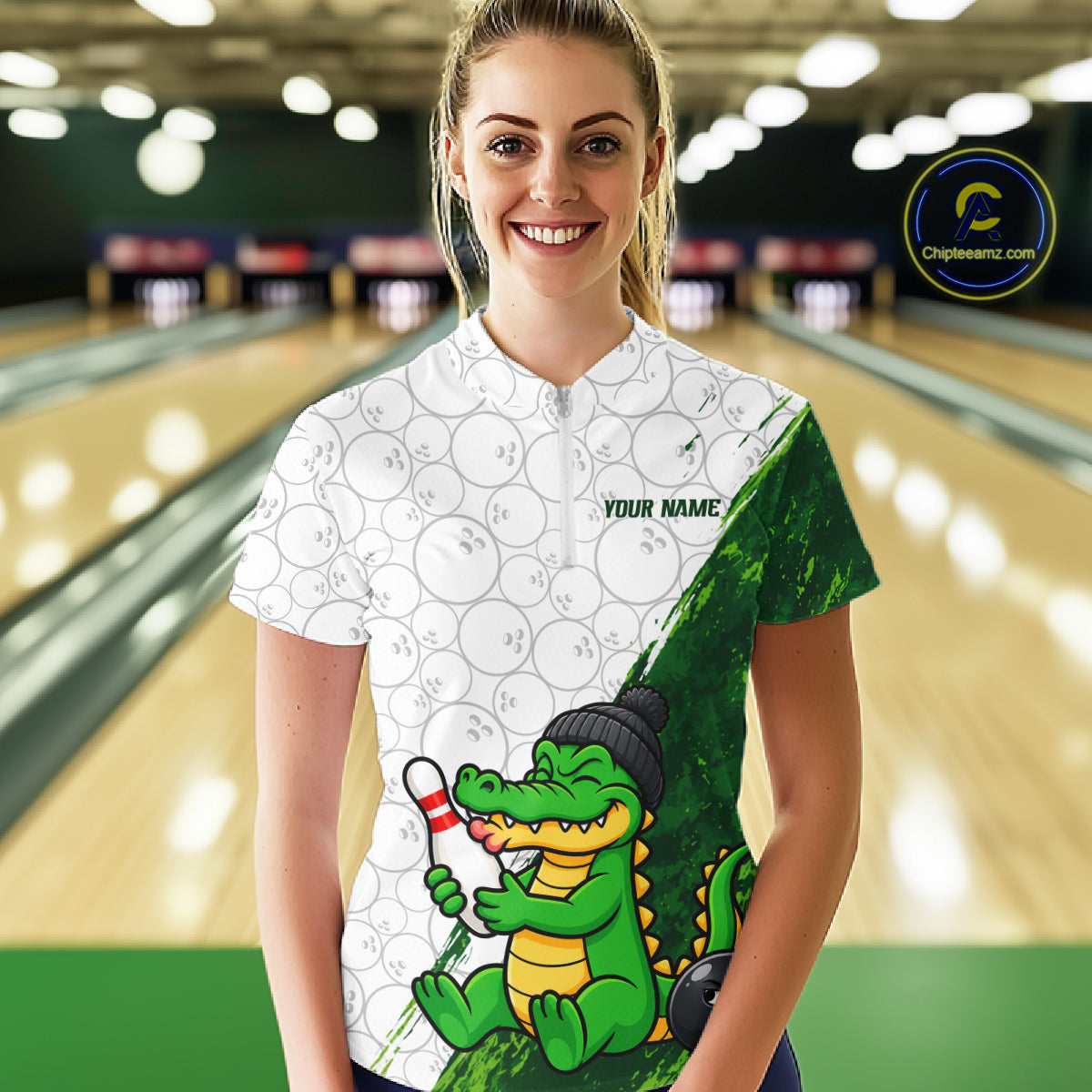 Personalized Green Grunge Funny Bowling Shirt For Women Custom Alligator Hugging Pin Bowling Team Jersey NYN4417