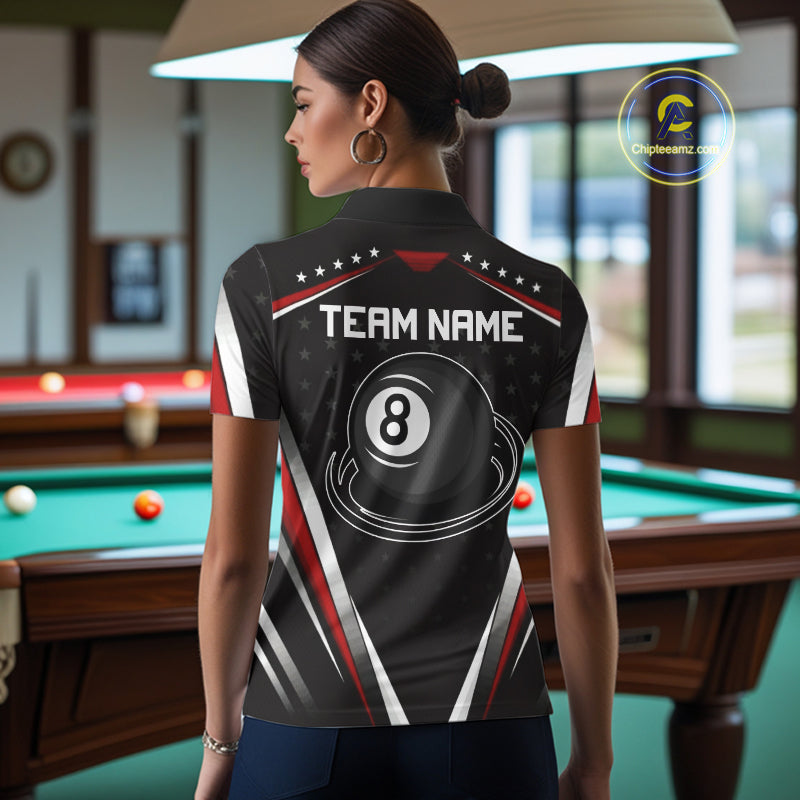 Red Pool Jersey 8 Ball Women Billiards Team Shirt Personalized Name Billiard Polo 1/4-Zip Jersey NYN4420