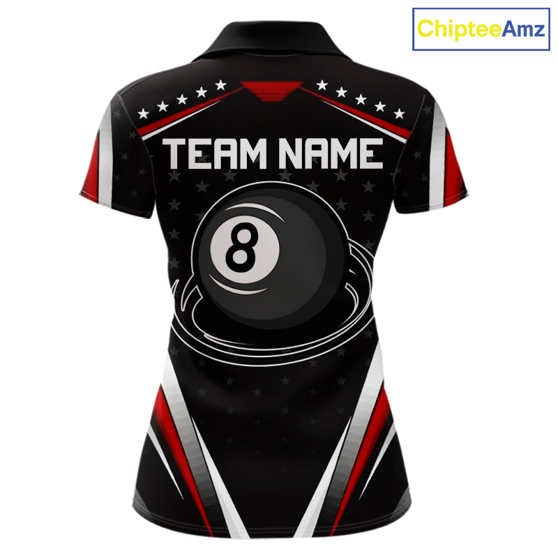 Red Pool Jersey 8 Ball Women Billiards Team Shirt Personalized Name Billiard Polo 1/4-Zip Jersey NYN4420