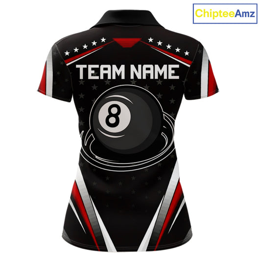 Red Pool Jersey 8 Ball Women Billiards Team Shirt Personalized Name Billiard Polo 1/4-Zip Jersey NYN4420
