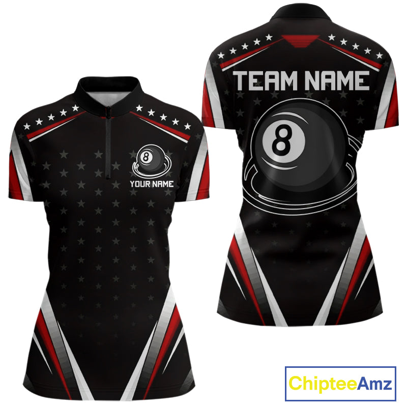 Red Pool Jersey 8 Ball Women Billiards Team Shirt Personalized Name Billiard Polo 1/4-Zip Jersey NYN4420
