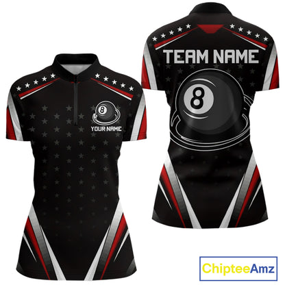 Red Pool Jersey 8 Ball Women Billiards Team Shirt Personalized Name Billiard Polo 1/4-Zip Jersey NYN4420