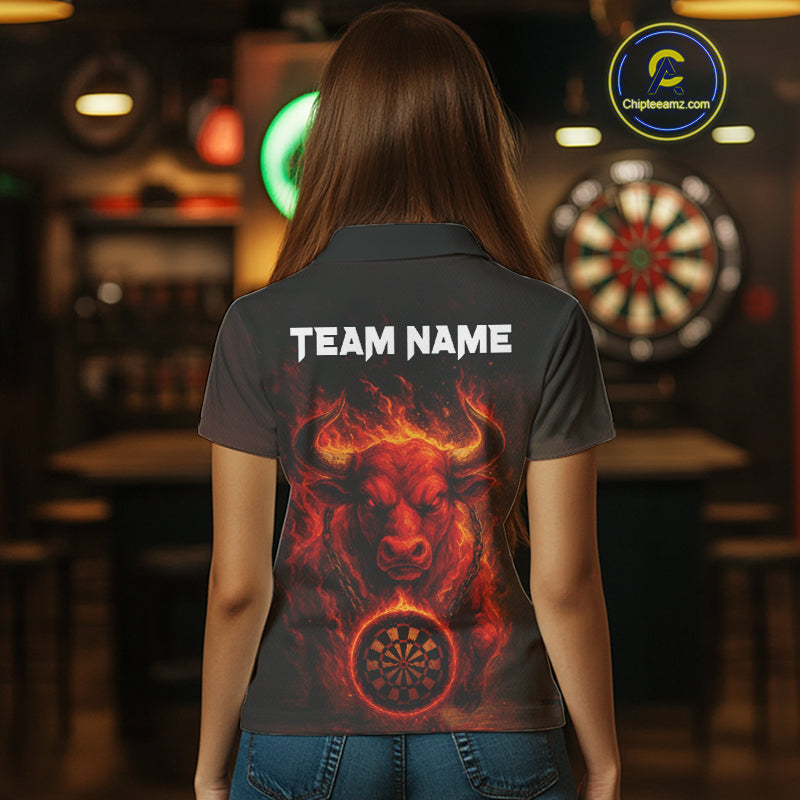 Custom Funny Bull Grunge Red Flames Dartboard Dart Women Polo Shirt Outfits Dart Jerseys NYN1635