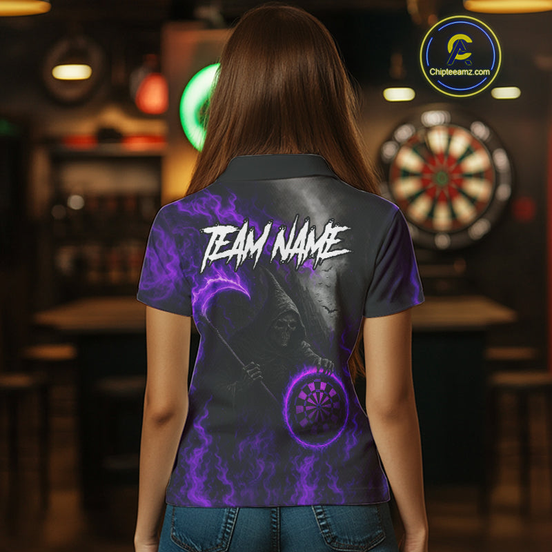Custom Purple Flaming Dartboard Grim Reaper Dart Women Polo Shirt Dart Team Jerseys NYN1639