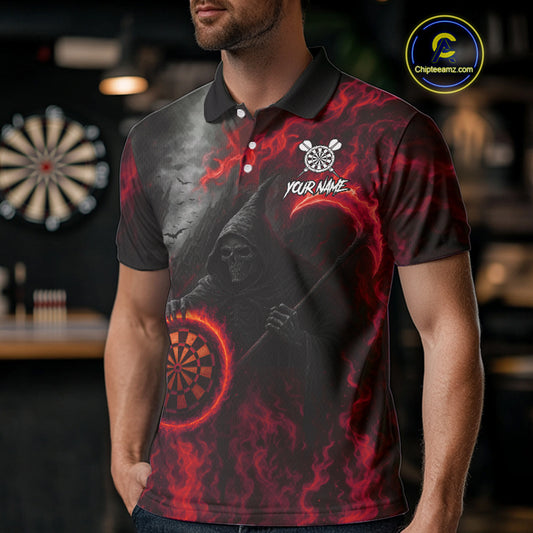 Custom Red Flaming Dartboard Grim Reaper Dart Men Polo Shirt Dart Team Jerseys NYN1640