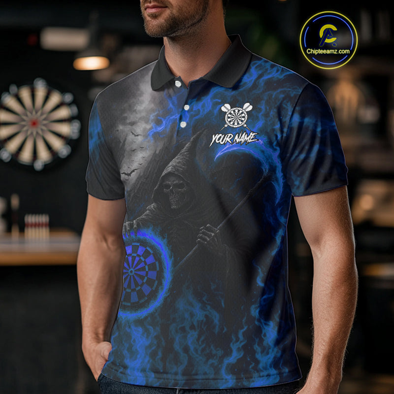Custom Blue Flaming Dartboard Grim Reaper Dart Men Polo Shirt Dart Team Jerseys NYN1641