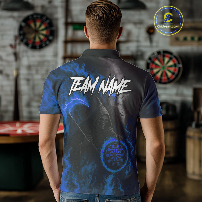 Custom Blue Flaming Dartboard Grim Reaper Dart Men Polo Shirt Dart Team Jerseys NYN1641