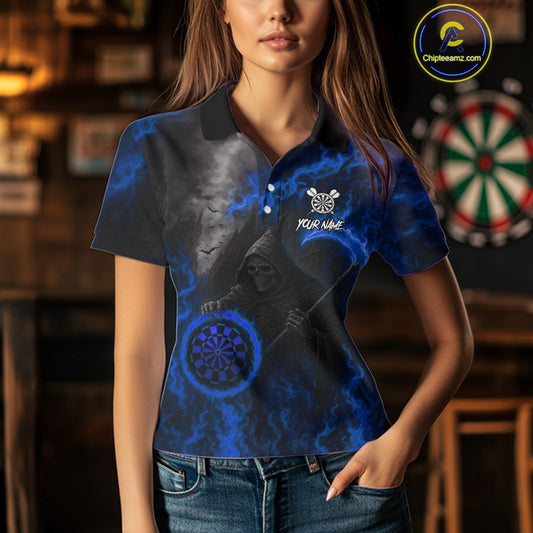 Custom Blue Flaming Dartboard Grim Reaper Dart Women Polo Shirt Dart Team Jerseys NYN1641