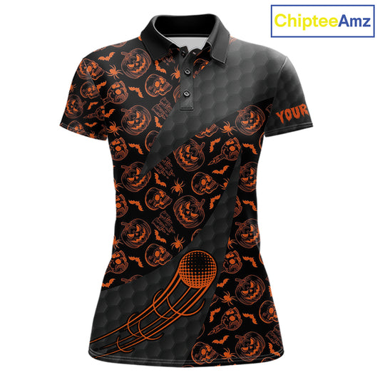 Halloween Golf Polo Shirt Custom Pumpkin Face Pattern Black Golf Shirts For Women Golf Gifts NYN4810