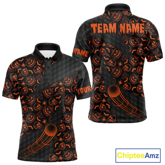Halloween Golf Polo Shirt Custom Pumpkin Face Pattern Black Golf Shirts For Men Golf Gifts NYN4810