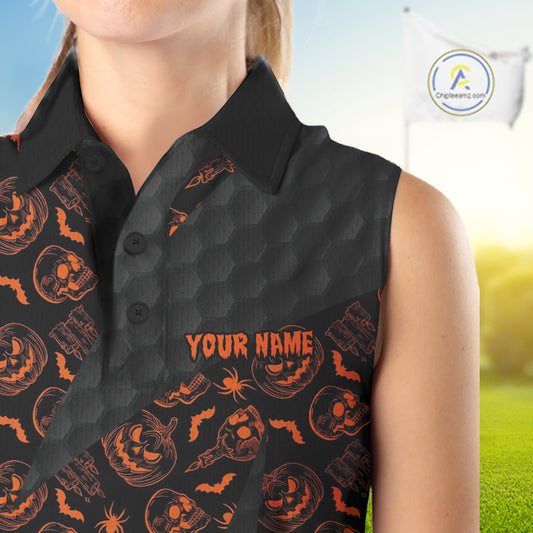 Halloween Golf Sleeveless Polo Shirt Custom Pumpkin Face Pattern Black Golf Shirts For Women Golf Gifts NYN4810