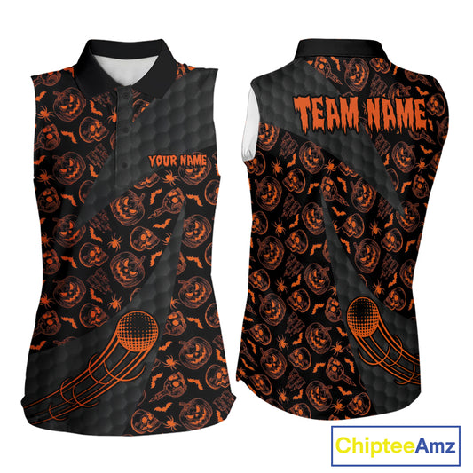 Halloween Golf Sleeveless Polo Shirt Custom Pumpkin Face Pattern Black Golf Shirts For Women Golf Gifts NYN4810