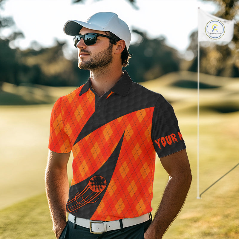 Halloween Golf Polo Shirt Custom Orange Argyle Pattern Black Golf Shirts For Men Golf Gifts NYN4811