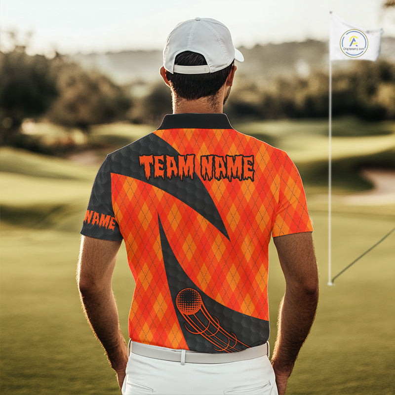 Halloween Golf Polo Shirt Custom Orange Argyle Pattern Black Golf Shirts For Men Golf Gifts NYN4811