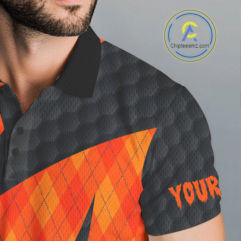 Halloween Golf Polo Shirt Custom Orange Argyle Pattern Black Golf Shirts For Men Golf Gifts NYN4811