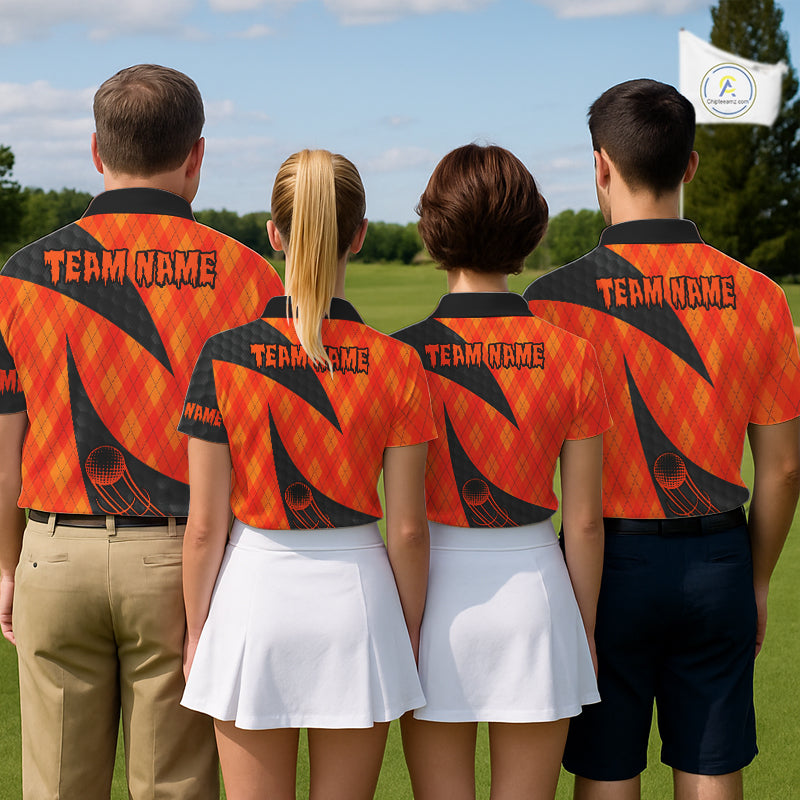 Halloween Golf Polo Shirt Custom Orange Argyle Pattern Black Golf Shirts For Men Golf Gifts NYN4811