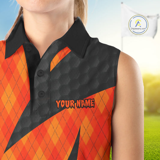 Halloween Golf Sleeveless Polo Shirt Custom Orange Argyle Pattern Black Golf Shirts For Women Golf Gifts NYN4811