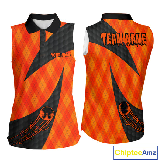 Halloween Golf Sleeveless Polo Shirt Custom Orange Argyle Pattern Black Golf Shirts For Women Golf Gifts NYN4811