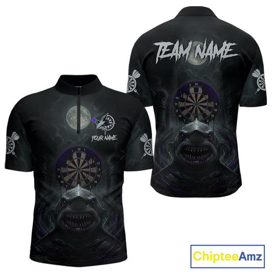 Black And Purple Gothic Shark Dartboard Custom Men Darts Quarter-Zip Shirt Shark Dart Jerseys NYN1923