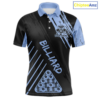 Light-Blue Grunge Billiard Ball Pool Men Polo & 1/4-Zip Shirt Custom 8 Ball Billiards Jerseys NYN2452