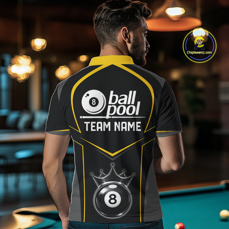 Black 8 Ball Crown Pool Men Polo & 1/4-Zip Team Shirts Custom Billiards Ball & Cue Attire|Yellow NYN2459