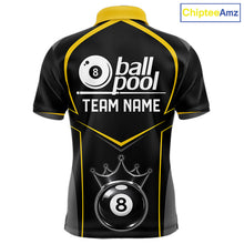 Load image into Gallery viewer, Black 8 Ball Crown Pool Men Polo &amp; 1/4-Zip Team Shirts Custom Billiards Ball &amp; Cue Attire|Yellow NYN2459