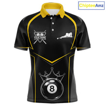 Load image into Gallery viewer, Black 8 Ball Crown Pool Men Polo &amp; 1/4-Zip Team Shirts Custom Billiards Ball &amp; Cue Attire|Yellow NYN2459