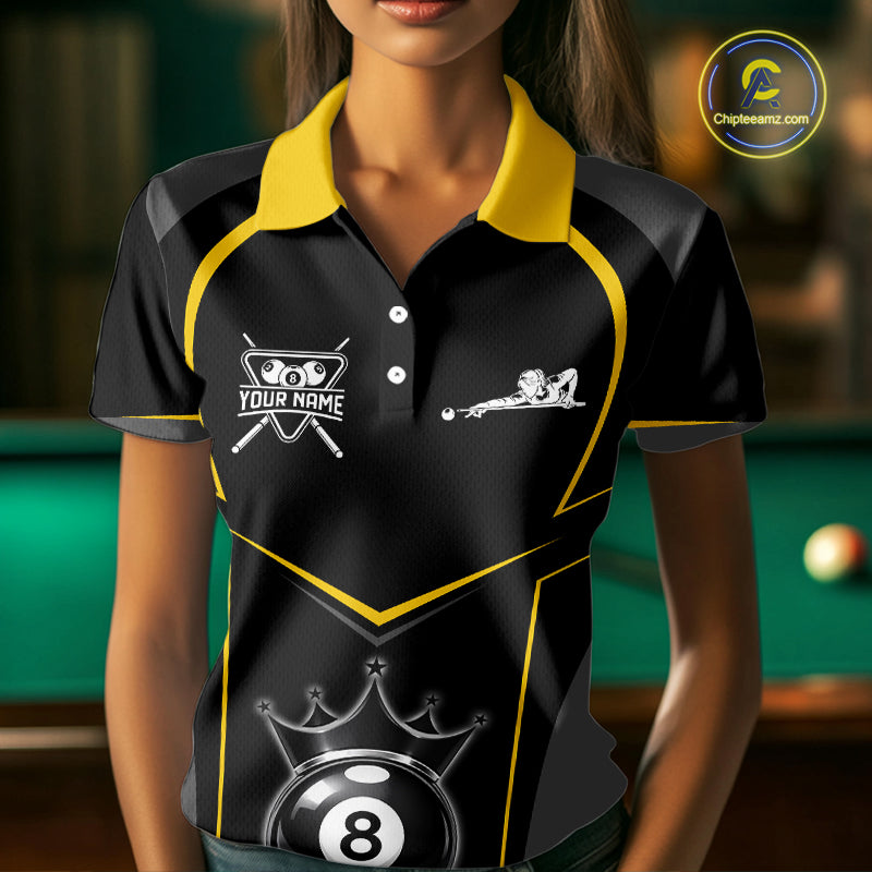 Black 8 Ball Crown Pool Women Polo & 1/4-Zip Team Shirts Custom Billiards Ball & Cue Attire|Yellow NYN2459