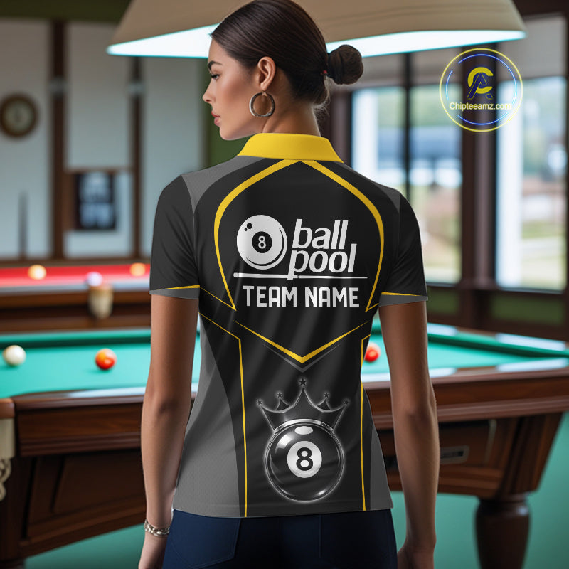 Black 8 Ball Crown Pool Women Polo & 1/4-Zip Team Shirts Custom Billiards Ball & Cue Attire|Yellow NYN2459