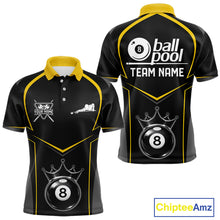 Load image into Gallery viewer, Black 8 Ball Crown Pool Men Polo &amp; 1/4-Zip Team Shirts Custom Billiards Ball &amp; Cue Attire|Yellow NYN2459