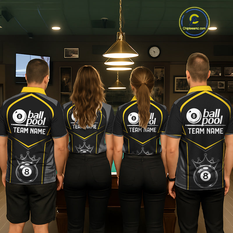 Black 8 Ball Crown Pool Men Polo & 1/4-Zip Team Shirts Custom Billiards Ball & Cue Attire|Yellow NYN2459