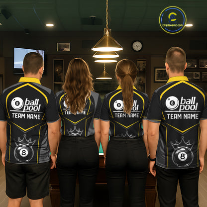 Black 8 Ball Crown Pool Men Polo & 1/4-Zip Team Shirts Custom Billiards Ball & Cue Attire|Yellow NYN2459