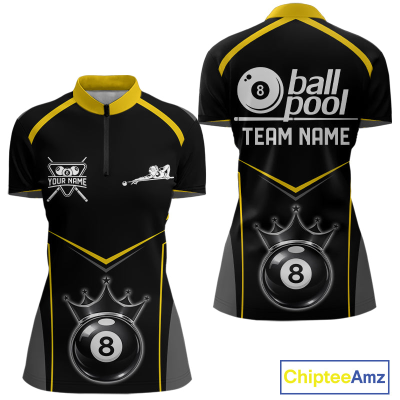 Black 8 Ball Crown Pool Women Polo & 1/4-Zip Team Shirts Custom Billiards Ball & Cue Attire|Yellow NYN2459
