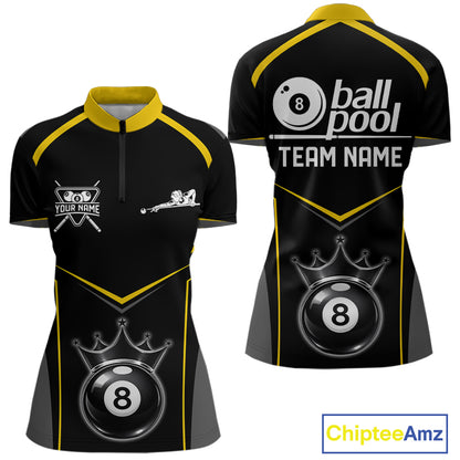 Black 8 Ball Crown Pool Women Polo & 1/4-Zip Team Shirts Custom Billiards Ball & Cue Attire|Yellow NYN2459