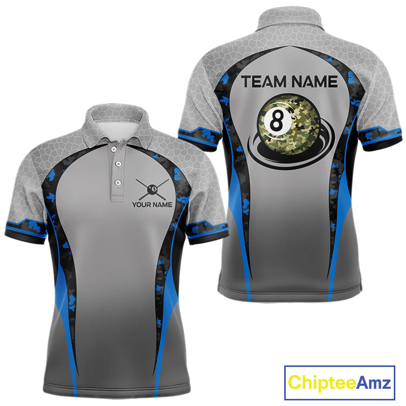 Camo 8 Ball Pool Billiard Polo & 1/4-Zip Shirt For Men Custom Blue And Grey Billiard Team Attire NYN3048