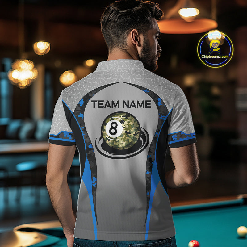 Camo 8 Ball Pool Billiard Polo & 1/4-Zip Shirt For Men Custom Blue And Grey Billiard Team Attire NYN3048