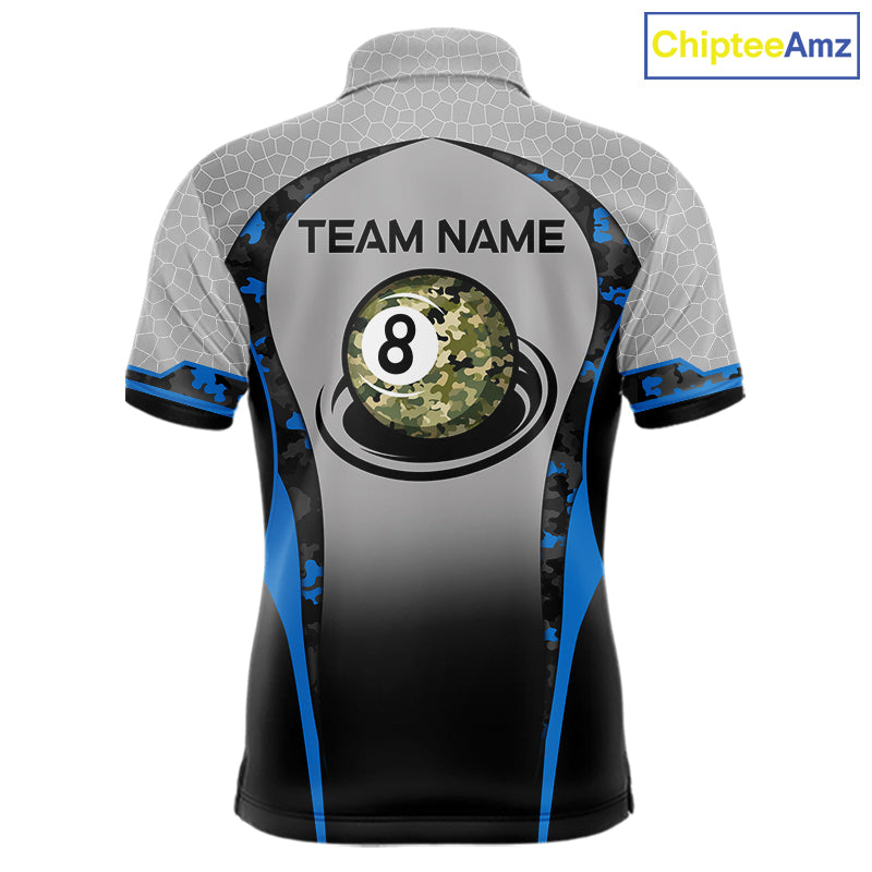 Camo 8 Ball Pool Billiard Polo & 1/4-Zip Shirt For Men Custom Blue And Grey Billiard Team Attire NYN3048