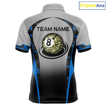 Load image into Gallery viewer, Camo 8 Ball Pool Billiard Polo &amp; 1/4-Zip Shirt For Men Custom Blue And Grey Billiard Team Attire NYN3048