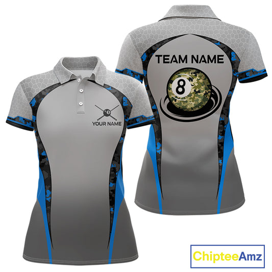 Camo 8 Ball Pool Billiard Polo & 1/4-Zip Shirt For Women Custom Blue And Grey Billiard Team Attire NYN3048