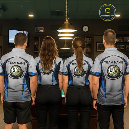 Camo 8 Ball Pool Billiard Polo & 1/4-Zip Shirt For Men Custom Blue And Grey Billiard Team Attire NYN3048