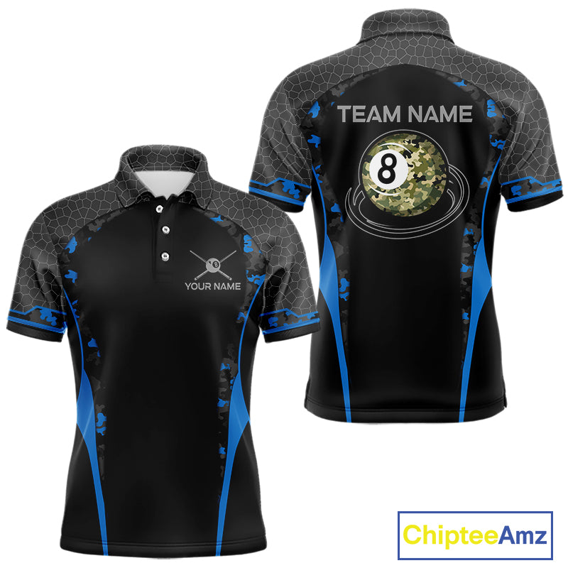 Camo 8 Ball Pool Billiard Polo & 1/4-Zip Shirt For Men Custom Blue And Black Billiard Team Attire NYN3049