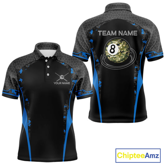 Camo 8 Ball Pool Billiard Polo & 1/4-Zip Shirt For Men Custom Blue And Black Billiard Team Attire NYN3049