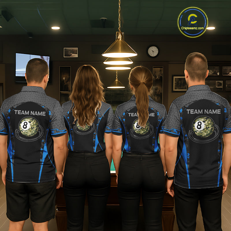 Camo 8 Ball Pool Billiard Polo & 1/4-Zip Shirt For Women Custom Blue And Black Billiard Team Attire NYN3049