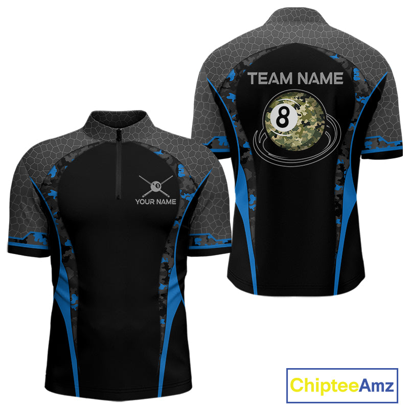 Camo 8 Ball Pool Billiard Polo & 1/4-Zip Shirt For Men Custom Blue And Black Billiard Team Attire NYN3049