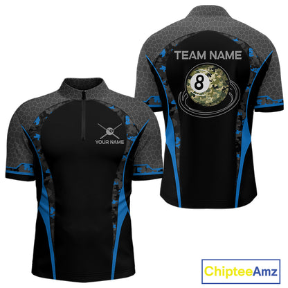 Camo 8 Ball Pool Billiard Polo & 1/4-Zip Shirt For Men Custom Blue And Black Billiard Team Attire NYN3049