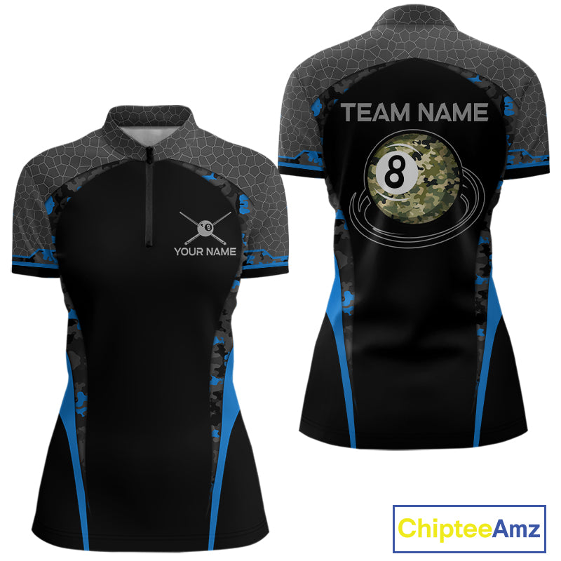 Camo 8 Ball Pool Billiard Polo & 1/4-Zip Shirt For Women Custom Blue And Black Billiard Team Attire NYN3049